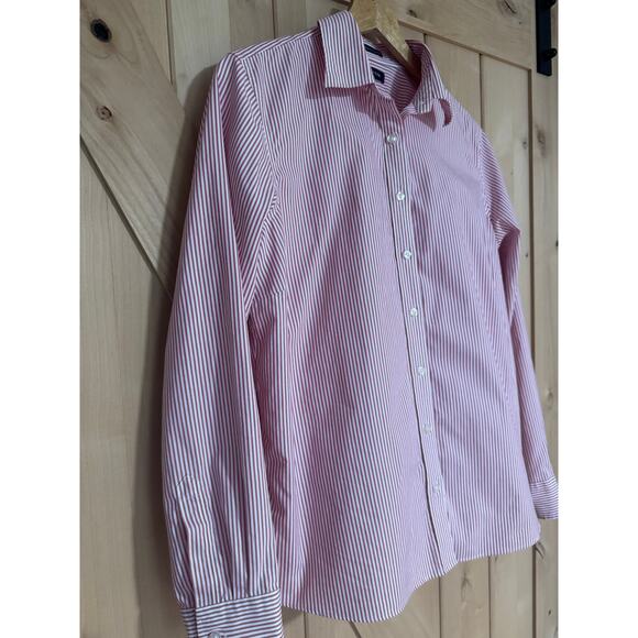 Land's End | No Iron Pintuck Oxford Red White Striped Dress Shirt | Size 14 - Picture 3 of 8